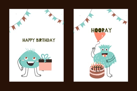 Set of posters cards with cute monsters for party. Vector illustration can used for banner, baby birthday background, greeting card, poster for interior.