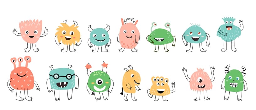 Big set of Cute baby monsters characters smiling vector illustration. Can used for greeting card, poster, baby cards. Doodle monsers in trendy style.