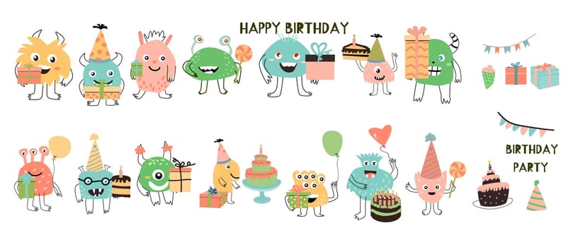 Cute monster baby character for anniversary - big set. Vector illustration can used for banner, baby birthday background, greeting card, poster for interior. Cute alien or monster with balloon or gift, or cake