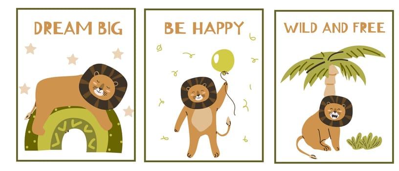 Set of cute scandinavian posters with lion baby animal for interior. Vector illustration can used for boys cards and posters.