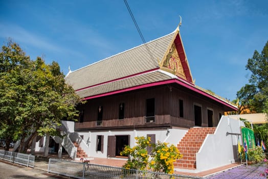 a old Wood House at Wat Mani Wanaram in the city centre of Udon Ratchathani and Province Ubon Ratchathani in Thailand.  Thailand, Ubon Ratchathani, November, 23, 2023