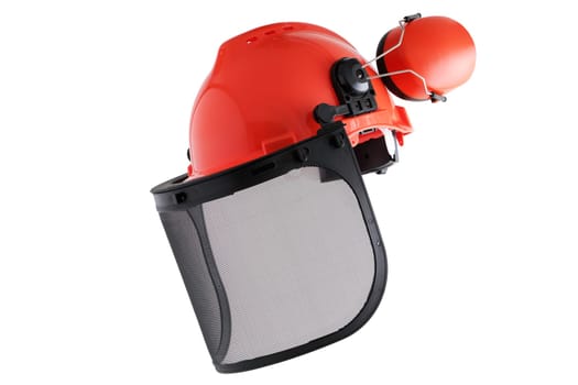 A tree felling helmet with ear defenders raised