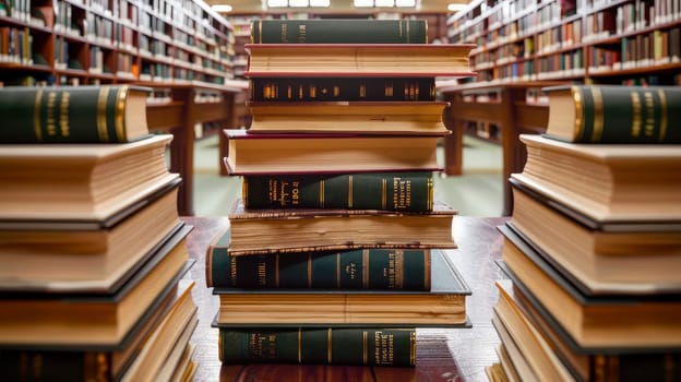Book stacks on wood desk and blurred bookshelf in the library room, education background, back to school concept. AI generated