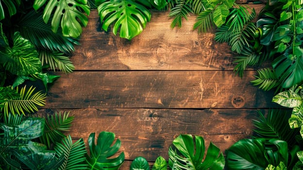Grunge wooden table and jungle foliage at the edges, flat lay, copy space. AI generated