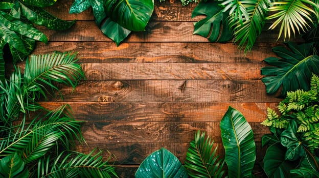 Tropical leaves foliage plant bush floral arrangement nature backdrop  on wooden background. AI generated