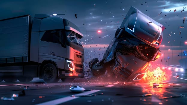 Dramatic scene of driverless futuristic trucks collision, accident on the road. AI generated