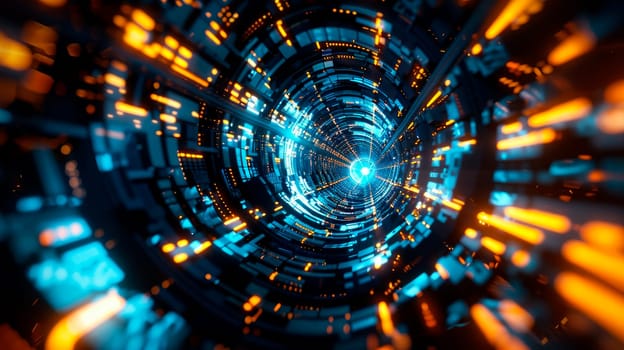 Cyber futuristic speed tunnel.Data flow. Technology grid funnel. AI generated