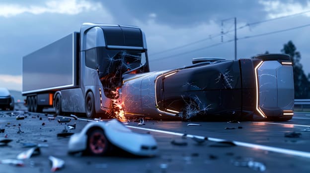 Dramatic scene of autonomous futuristic trucks collision, accident on the road. AI generated