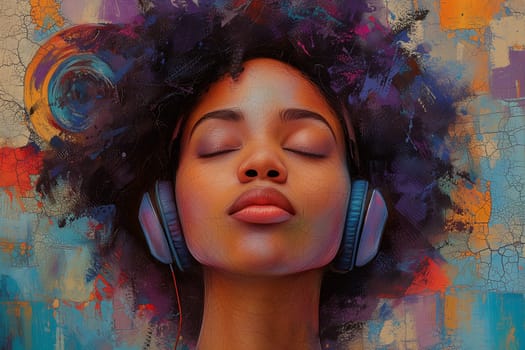 Portrait of a woman with headphones, listening to music or to a broadcast, quality of sound, leisure activity