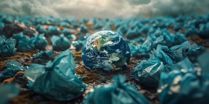 Planet earth with garbage plastic trash bags, environment and ecology concept., pollution and damage to nature