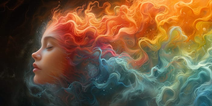 Consciousness of mind, woman with rainbow colored spiritual waves, positive thinking, self identidy and imagination