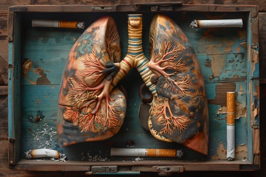 Lung of a smoker with cigarettes, respiratory organ, world no tobacco day, unhealthy addiction to nicotine , medical health risk