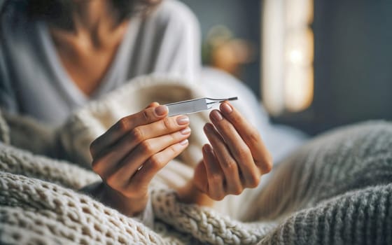 An adult woman's hands delicately holding a thermometer, taking a body temperature reading while wrapped in a cozy, knitted blanket at home.
