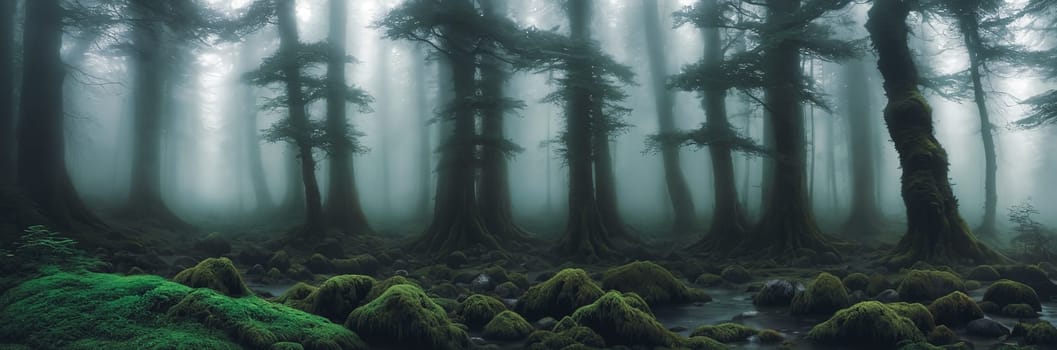 Welcome to the Mystical Forest Ancient trees cloaked in mist, moss-covered rocks, light filtering through the foliage. Discover enchantment in every corner of this ethereal realm. Generative AI.