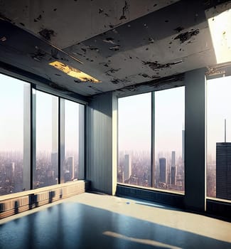Empty Skyscrapers. Abandoned skyscraper, portraying empty office spaces, shattered windows, and a sense of isolation in the once-bustling urban hub.