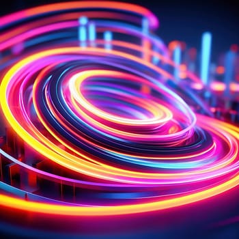 3d render. Abstract panoramic background of twisted dynamic neon lines glowing in the dark room with floor reflection. Virtual fluorescent ribbon loop.
