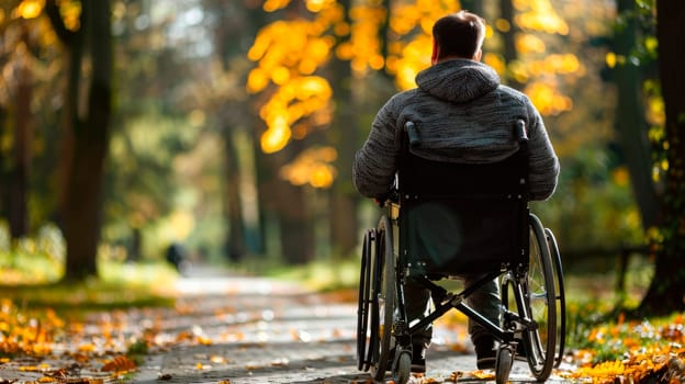 Young man on wheelchair enjoying in the park. AI generated