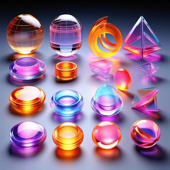 3d render. Neon glowing glass shapes on a virtual dark background. Futuristic graphic rendering. Luminous elements