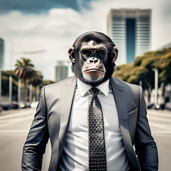 AI monkey in a suit. Businessman as an animal. Monkey head with suit and tie. Funny animal photo