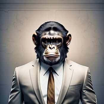 AI monkey in a suit. Businessman as an animal. Monkey head with suit and tie. Funny animal photo