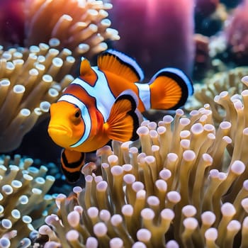 AI clown fish in a coral reef. Aquarium with saltwater underwater world. Fish in front of anemones
