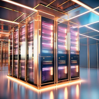 Server room with server cabinets, digitalis for host PC. Management and storage of data. AI generated image.