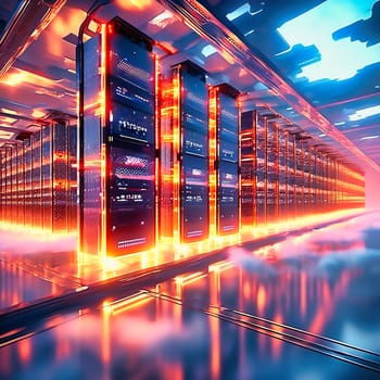 Server room with server cabinets, digitalis for host PC. Management and storage of data. AI generated image.
