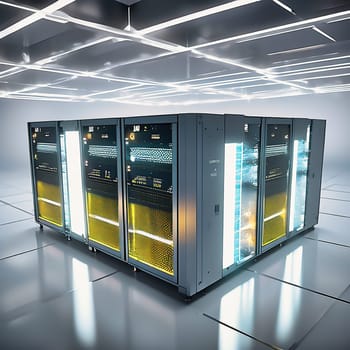 Server room with server cabinets, digitalis for host PC. Management and storage of data. AI generated image.