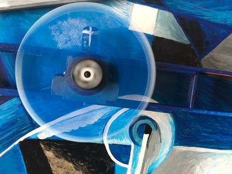 biplane airplane in flight, front view, abstract background