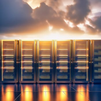 Server room with server cabinets, digitalis for host PC. Management and storage of data. AI generated image.