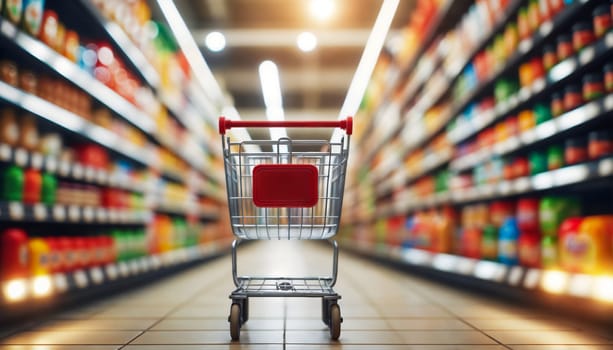 An empty shopping cart stands in the midst of a supermarket aisle, surrounded by an assortment of products on shelves, inviting consumer engagement