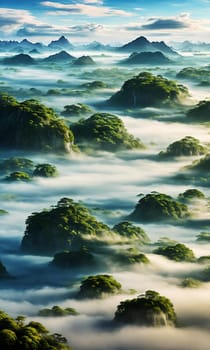 Floating Isles. Above a sea of clouds, islands drift like dreamscapes. Each is a miniature world, lush forests, waterfalls, and floating gardens. The sky holds its breath, and rainbows weave through the mist.