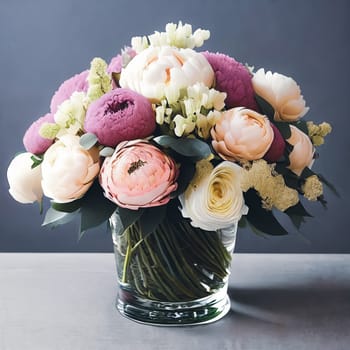 Floral Elegance. A vibrant bouquet of spring flowers arranged in a stylish vase with soft natural lighting to symbolize elegance and femininity