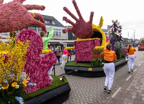 Noordwijk, Netherlands - April 22, 2023: Spectacular flower covered floats in the Bloemencorso Bollenstreek the annual spring flower parade from Noordwijk to Haarlem in the Netherlands.