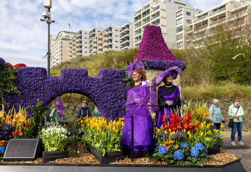 Noordwijk, Netherlands - April 22, 2023: Spectacular flower covered floats in the Bloemencorso Bollenstreek the annual spring flower parade from Noordwijk to Haarlem in the Netherlands.