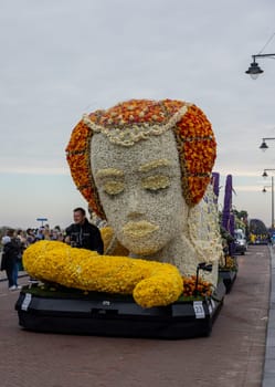 Noordwijk, Netherlands - April 22, 2023: Spectacular flower covered floats in the Bloemencorso Bollenstreek the annual spring flower parade from Noordwijk to Haarlem in the Netherlands.