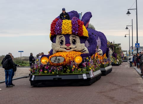 Noordwijk, Netherlands - April 22, 2023: Spectacular flower covered floats in the Bloemencorso Bollenstreek the annual spring flower parade from Noordwijk to Haarlem in the Netherlands.