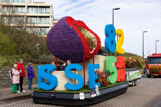 Noordwijk, Netherlands - April 22, 2023: Spectacular flower covered floats in the Bloemencorso Bollenstreek the annual spring flower parade from Noordwijk to Haarlem in the Netherlands.