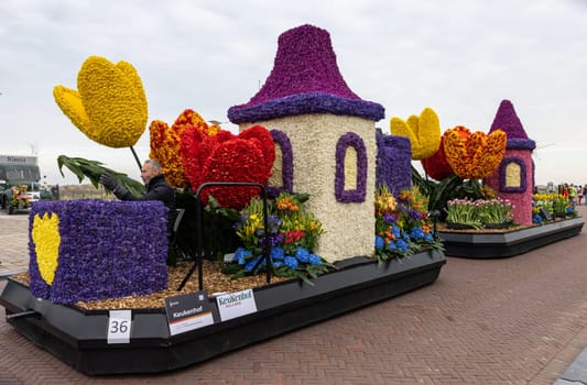 Noordwijk, Netherlands - April 22, 2023: Spectacular flower covered floats in the Bloemencorso Bollenstreek the annual spring flower parade from Noordwijk to Haarlem in the Netherlands.