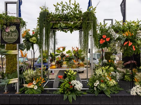 Noordwijk, Netherlands - April 22, 2023: Spectacular flower covered floats in the Bloemencorso Bollenstreek the annual spring flower parade from Noordwijk to Haarlem in the Netherlands.