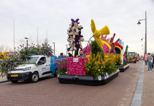 Noordwijk, Netherlands - April 22, 2023: Spectacular flower covered floats in the Bloemencorso Bollenstreek the annual spring flower parade from Noordwijk to Haarlem in the Netherlands.