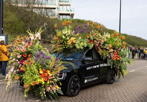 Noordwijk, Netherlands - April 22, 2023: Spectacular flower covered floats in the Bloemencorso Bollenstreek the annual spring flower parade from Noordwijk to Haarlem in the Netherlands.