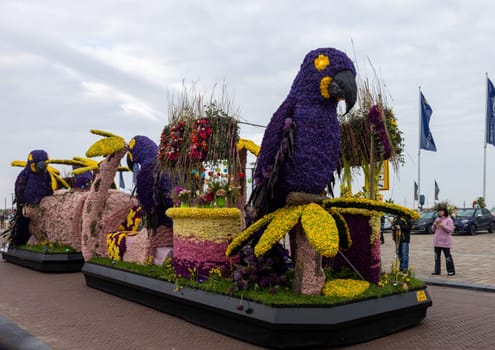 Noordwijk, Netherlands - April 22, 2023: Spectacular flower covered floats in the Bloemencorso Bollenstreek the annual spring flower parade from Noordwijk to Haarlem in the Netherlands.