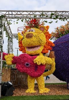 Noordwijk, Netherlands - April 22, 2023: Spectacular flower covered floats in the Bloemencorso Bollenstreek the annual spring flower parade from Noordwijk to Haarlem in the Netherlands.