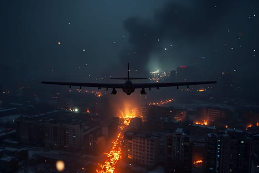 Plane drone over burning city at night. Neural network generated image. Not based on any actual scene or pattern.