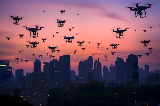 swarm of drones over city at summer sunset or sunrise. Neural network generated image. Not based on any actual scene or pattern.