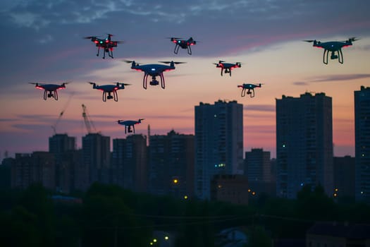 Swarm of drones over city at summer sunrise. Neural network generated image. Not based on any actual scene or pattern.