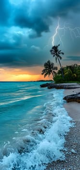 tropical beach view at cloudy stormy sunset with white sand, turquoise water and palm trees. Neural network generated image. Not based on any actual scene or pattern.
