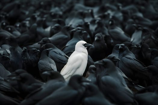 A white crow among many black crows. Neural network generated image. Not based on any actual scene or pattern.
