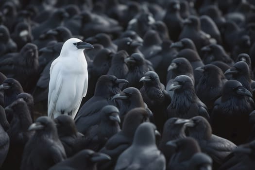 A white crow among many black crows. Neural network generated image. Not based on any actual scene or pattern.